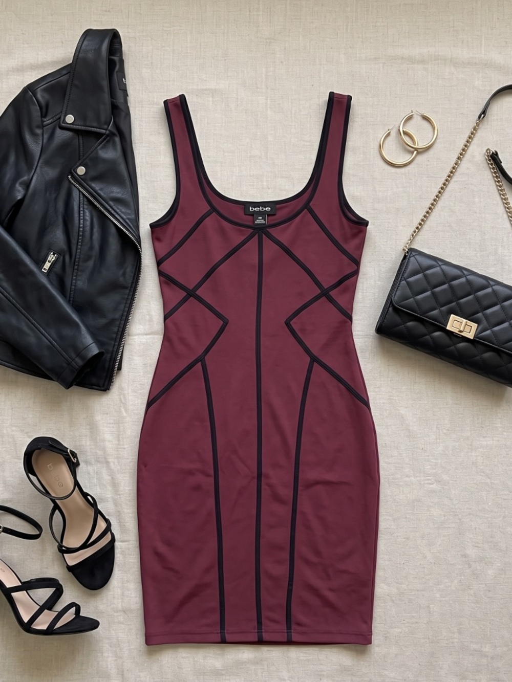 Bebe Stacy Zig Zag Stitch Bodycon Bandage Dress Burgundy Wine Black Large NWT